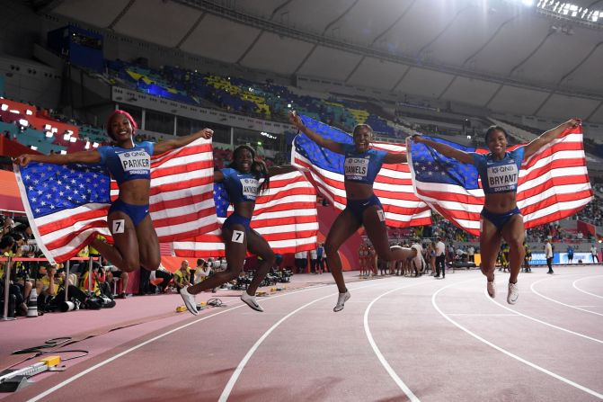 From left, American sprinters Kiara Parker, Morolake Akinosun, Teahna Daniels and Dezerea Bryant celebrate at the World Championships after winning bronze in the 4x100 relay on Saturday, October 5. Jamaica won the gold.