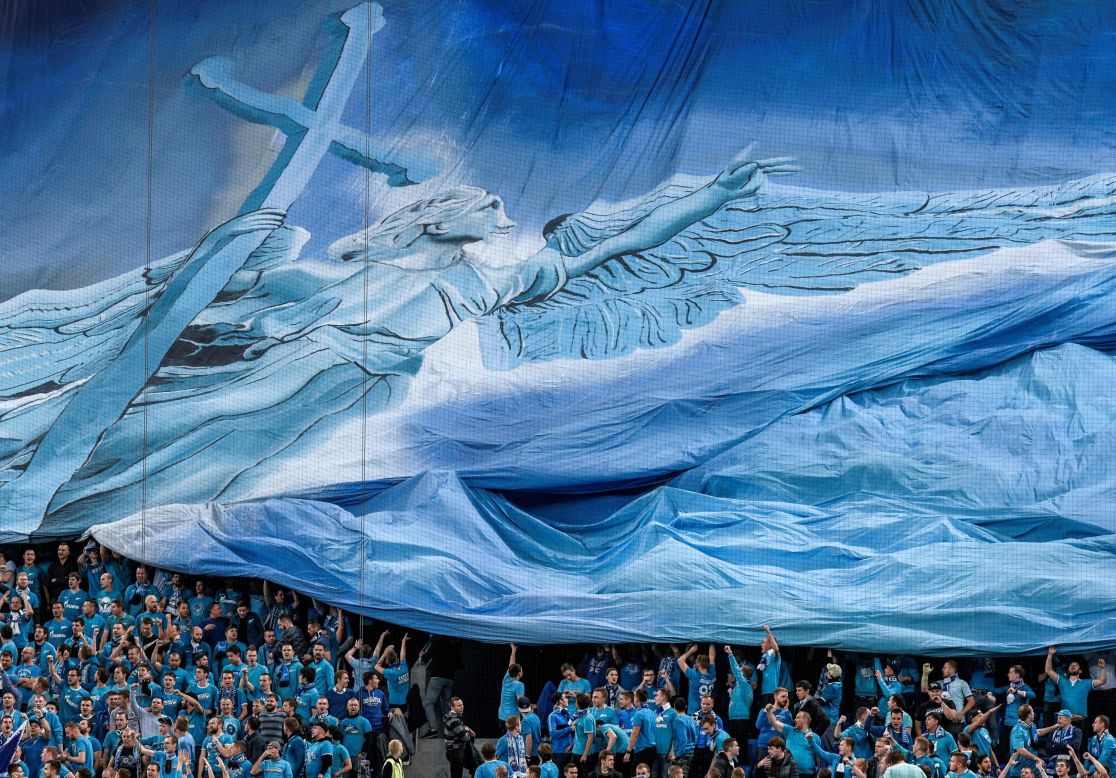 Supporters of the Russian soccer club Zenit St. Petersburg unveil a tifo before their Champions League match against Benfica on Wednesday, October 2.
