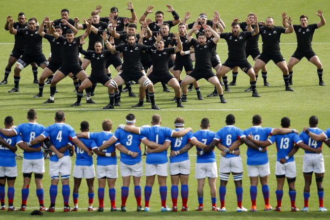 New Zealand's rugby team performs its traditional haka before taking on Namibia at the <a href="index.php?page=&url=https%3A%2F%2Fwww.cnn.com%2F2019%2F09%2F20%2Fsport%2Fgallery%2Frugby-world-cup-2019%2Findex.html" target="_blank">Rugby World Cup</a> on Sunday, October 6. The tournament is being held in Japan.