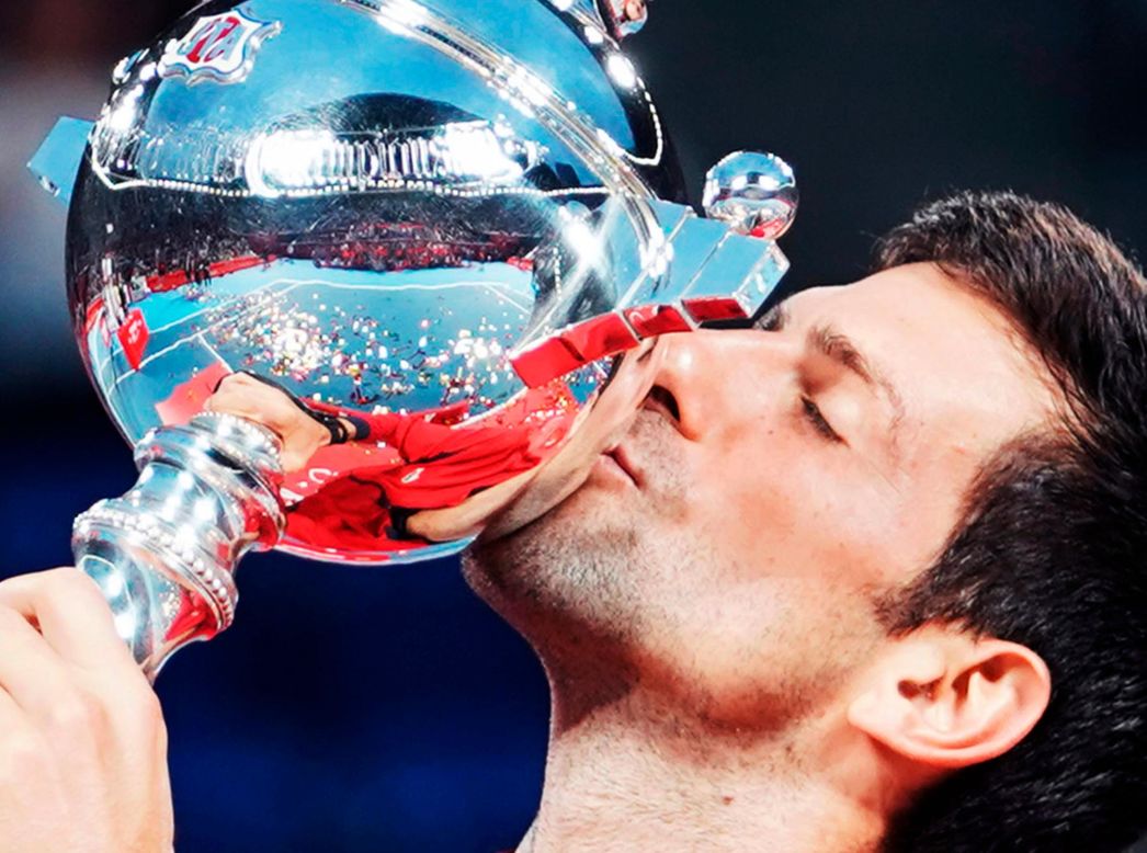 Tennis star Novak Djokovic celebrates after winning the Rakuten Open in Tokyo on Sunday, October 6.