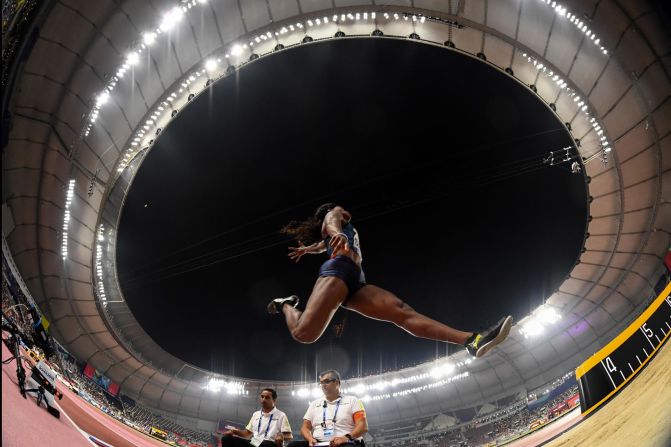 American long jumper Tori Bowie competes at the World Championships on Saturday, October 5.