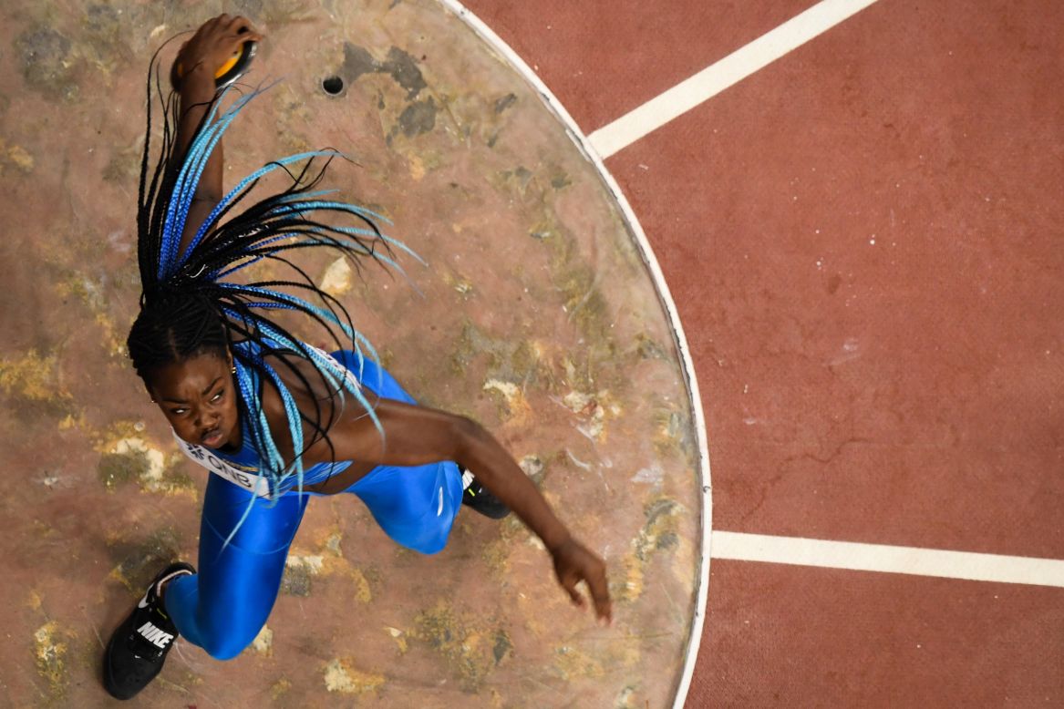 Italy's Daisy Osakue throws the discus at the World Championships on Wednesday, October 2.