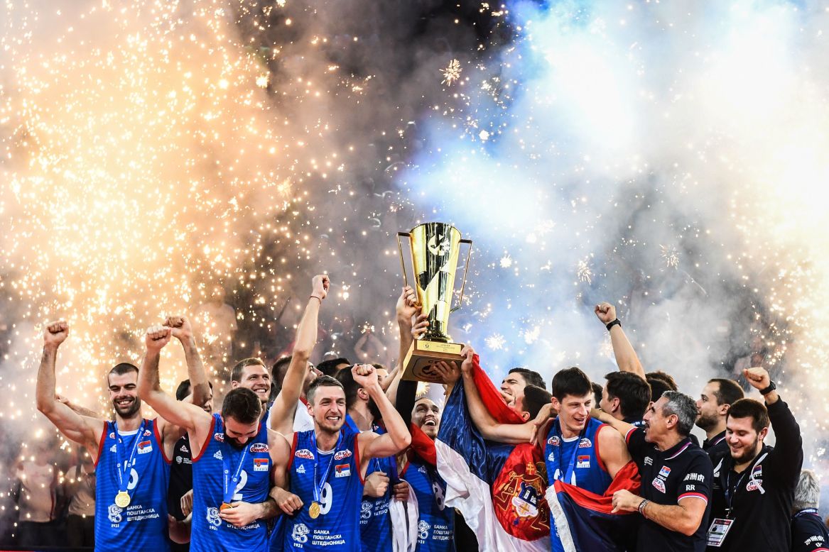 Serbian volleyball players celebrate after winning the European Championship on Sunday, September 29.