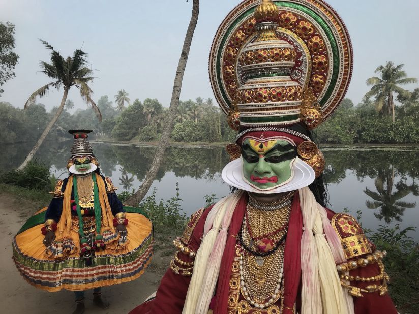 During a classical Indian dance known as a "kathakali," participants combine elaborate masks and costumes with face painting.