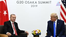 US President Donald Trump (R) and Turkish President Recep Tayyip Erdogan hold a bilateral meeting on the sidelines of the G20 Summit in Osaka on June 29, 2019. (Photo by Brendan Smialowski / AFP)        (Photo credit should read BRENDAN SMIALOWSKI/AFP/Getty Images)
