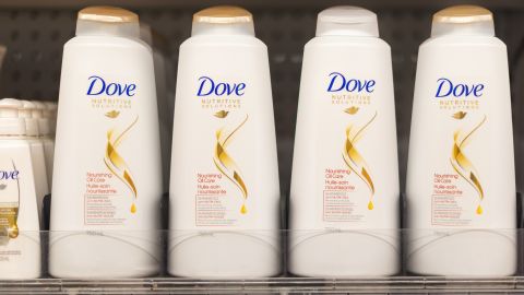 Dove shampoo and conditioner bottles for sale in Canada.