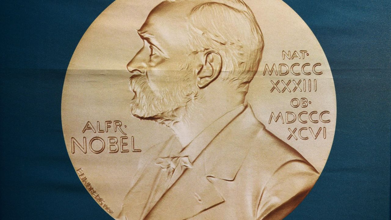 A portrait of Swedish inventor and scholar Alfred Nobel can be seen on a banner on display at the Nobel Forum in Stockholm, Sweden, prior to a press conference to announce the winner of the 2018 Nobel Prize in Physiology or Medicine at the Karolinska Institute in Stockholm, Sweden, on October 1, 2018. (Photo by Jonathan NACKSTRAND / AFP)        (Photo credit should read JONATHAN NACKSTRAND/AFP/Getty Images)