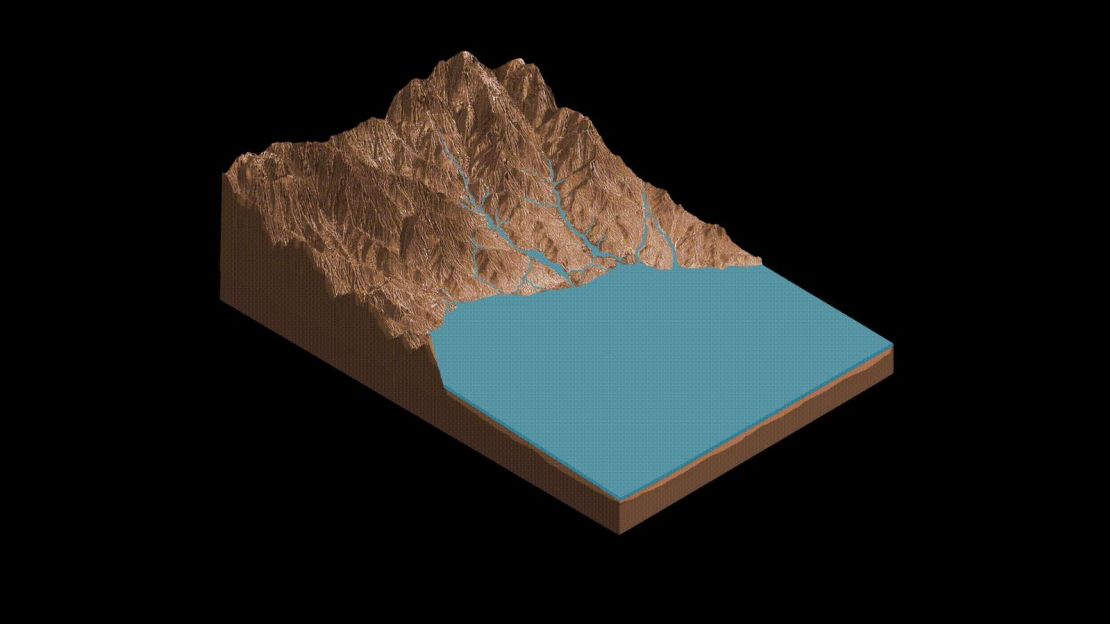 An illustration of salty lakes on the bed of Gale crater.