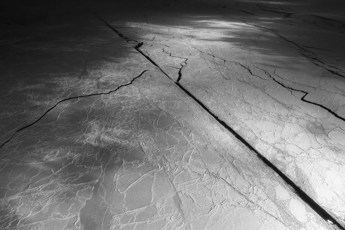 Fissures in sea ice north of Ellsmere Island, northern Canada, photographed by Hartley in 2017. 