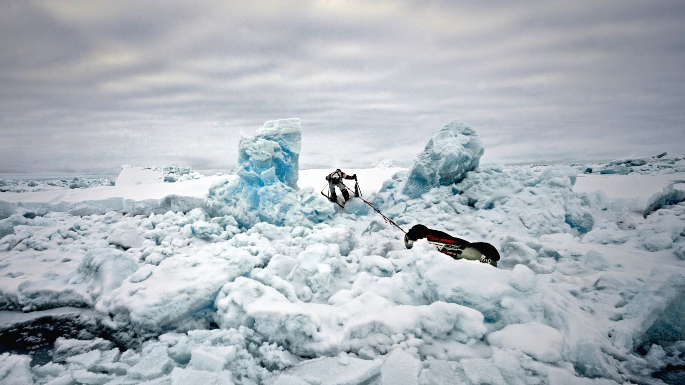 British polar explorer Ann Daniels negotiating unstable sea ice during a 2009 Arctic expedition. Hartley, who has been exploring the Arctic Ocean since 2002, says his next project is called "The Last Ice Sentinels."