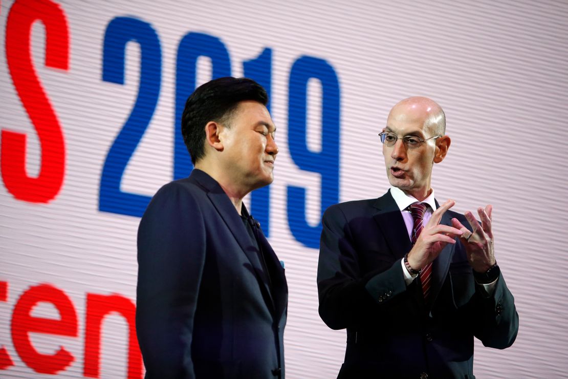 NBA Commissioner Adam Silver, right, speaking with Rakuten CEO Mickey Mikitani in Tokyo on Monday. 