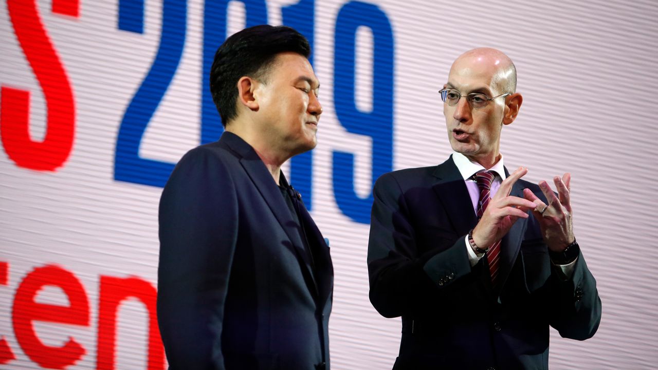 NBA Commissioner Adam Silver, right, speaking with Rakuten CEO Mickey Mikitani in Tokyo on Monday. 