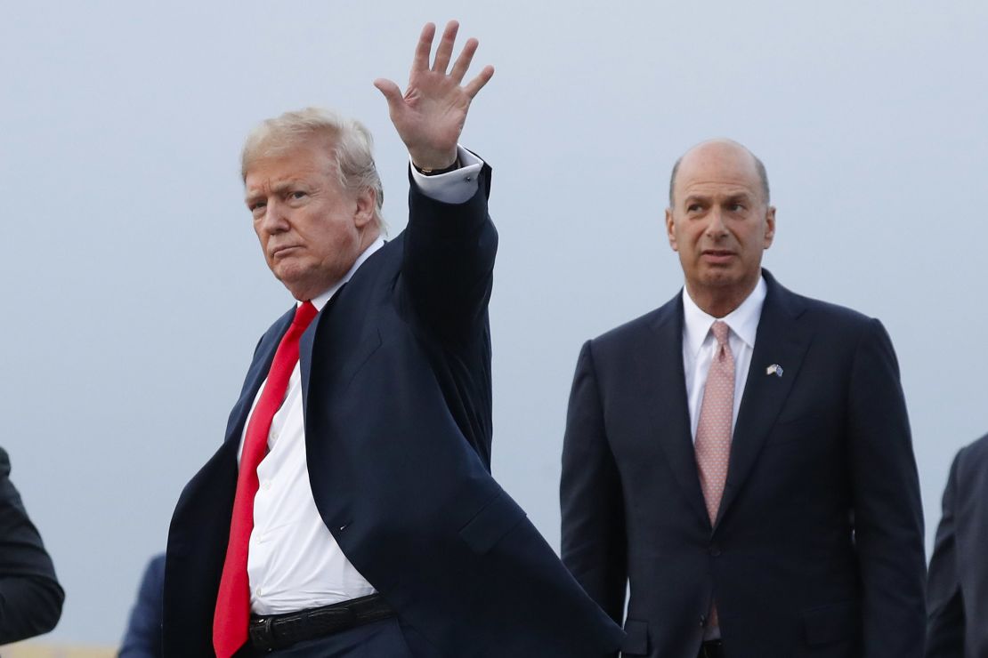 President Donald Trump is joined by Gordon Sondland, the U.S. ambassador to the European Union as he arrives at Melsbroek Air Base, in Brussels, Belgium in July 2018