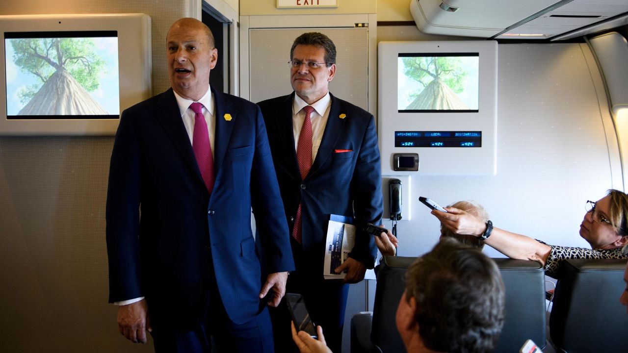 US Ambassador to the EU Gordon Sondland, at left, and European Commission Vice President Maros Sefcovic talk with to reporters aboard Air Force One in May in Louisiana. 
