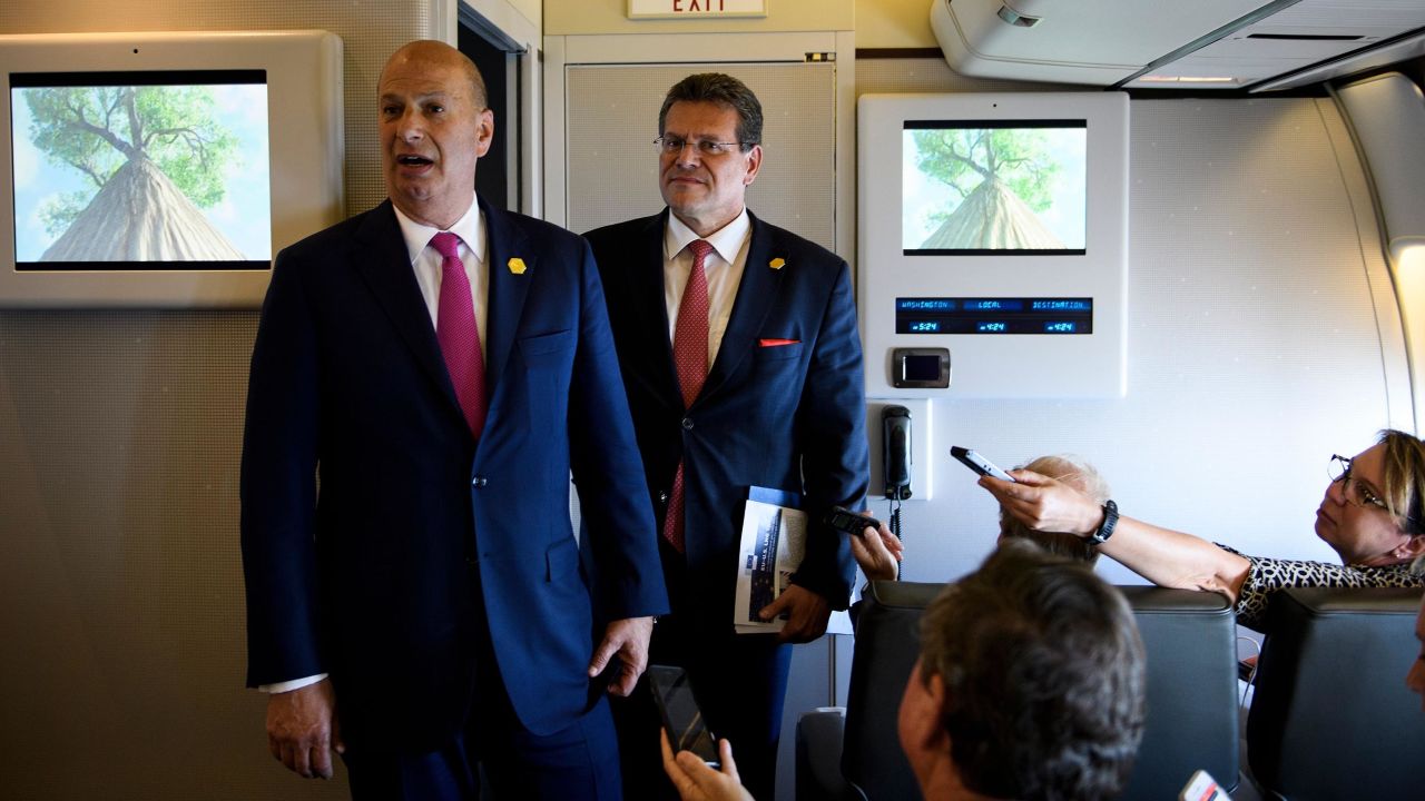 US Ambassador to the EU Gordon Sondland, at left, and European Commission Vice President Maros Sefcovic talk with to reporters aboard Air Force One in May in Louisiana.
