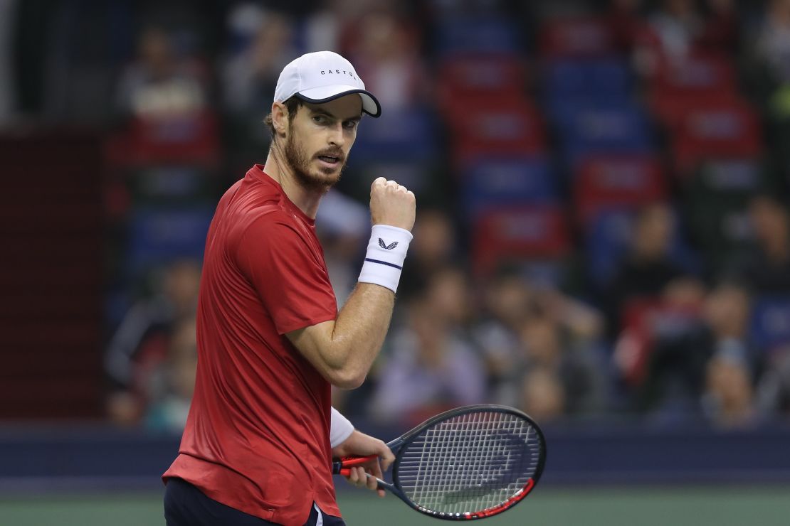 Andy Murray celebrates his win against Juan Ignacio Londero at the Shanghai Masters.