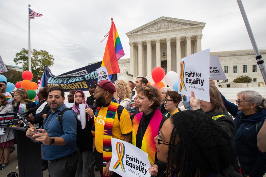Supporters of the LGBT community gather in front of the U.S. Supreme Court, Tuesday, October 8, in Washington. 