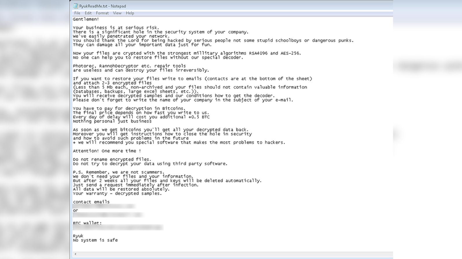 A screenshot of an example of the Ryuk ransomware, provided by Allan Liska from Recorded Future.