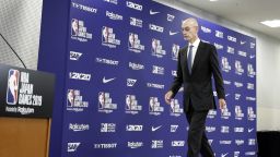 Adam Silver, commissioner of the National Basketball Association (NBA), departs a news conference prior to the NBA Japan Games 2019 between the Houston Rockets and the Toronto Raptors in Saitama, Japan, on Tuesday, Oct. 8, 2019. Chinas state broadcaster CCTV said Tuesday that it would halt broadcasts of the National Basketball Associations games as a backlash intensified against the U.S. league over a tweet that expressed support for Hong Kongs pro-democracy protesters. Photographer: Kiyoshi Ota/Bloomberg via Getty Images