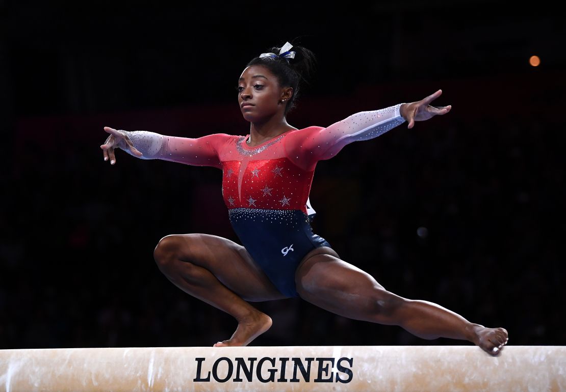 Biles performs on Balance Beam  during the Women's Team Finals 