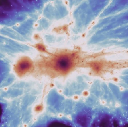 Using a simulation, astronomers shed light on the faint gaseous filaments that comprise the cosmic web in a massive galaxy cluster.