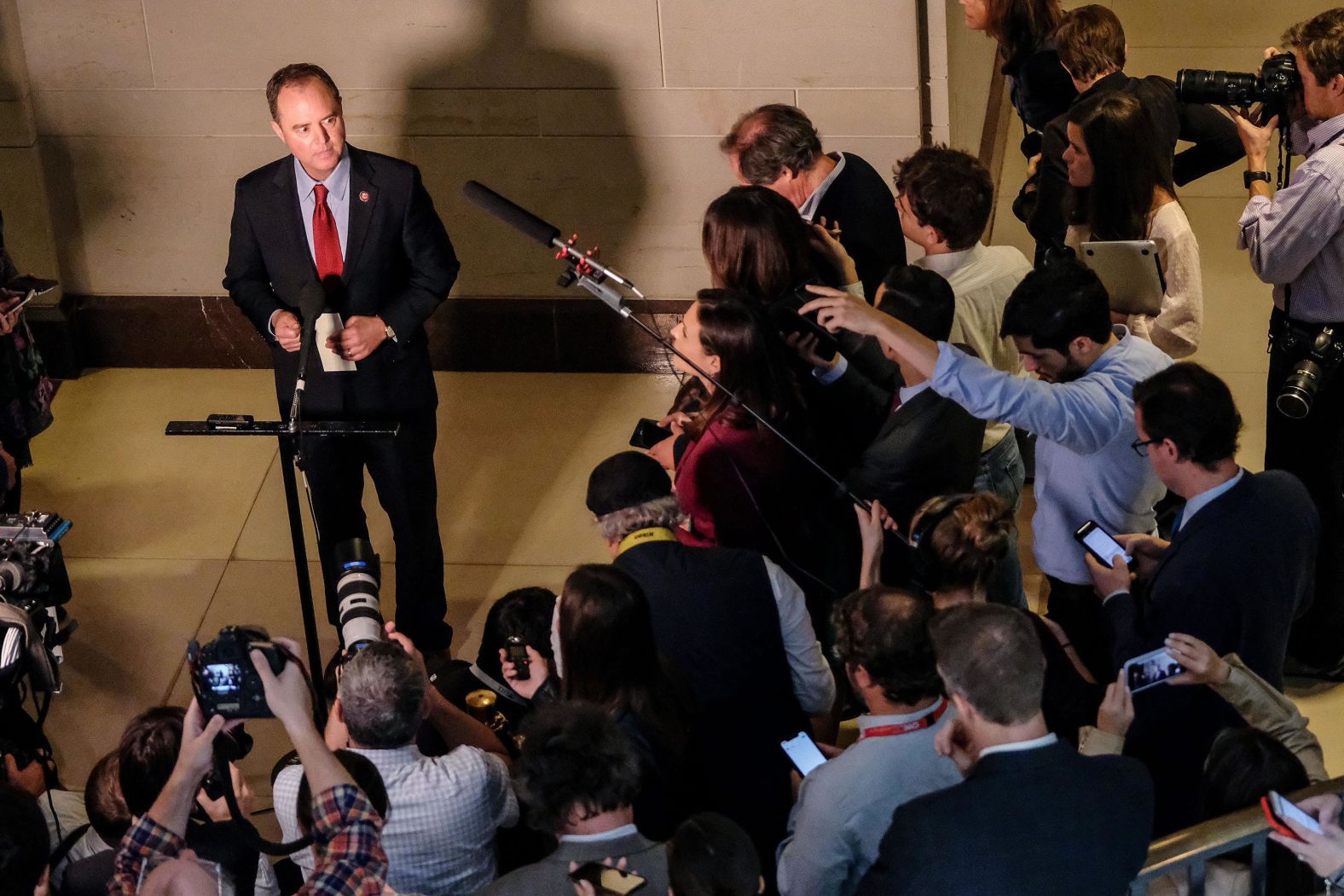 Schiff speaks to the media on October 8. Earlier in the day, the State Department directed Gordon Sondland, the US ambassador to the European Union, not to testify before Congress. Schiff called that "strong evidence of obstruction," and it prompted House Democrats <a href="index.php?page=&url=https%3A%2F%2Fwww.cnn.com%2F2019%2F10%2F08%2Fpolitics%2Fgordon-sondland-house-impeachment%2Findex.html" target="_blank">to issue a subpoena for Sondland's testimony.</a> Lawmakers are eager to press Sondland about text messages he exchanged related to the Trump-Zelensky phone call and the freezing of foreign aid to Ukraine. Trump said on Twitter that Sondland should not testify before a "kangaroo court."