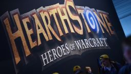 A "Hearthstone" sign at an esports fair in Germany in 2014.
