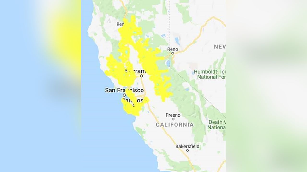 A map from PG&E shows the areas where power may be cut.