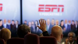 Staff watches a presentation with Vice President of ESPN Norby Williamson, who also oversees SportsCenter, during a meeting in the executive conference room of ESPN Headquarters on November 15, 2018.