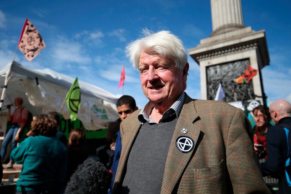 Stanley Johnson, father of British Prime Minister Boris Johnson, joins protesters in London's Trafalgar Square on October 9. Days before, his son described Extinction Rebellion protesters as "hemp-smelling," "uncooperative crusties."