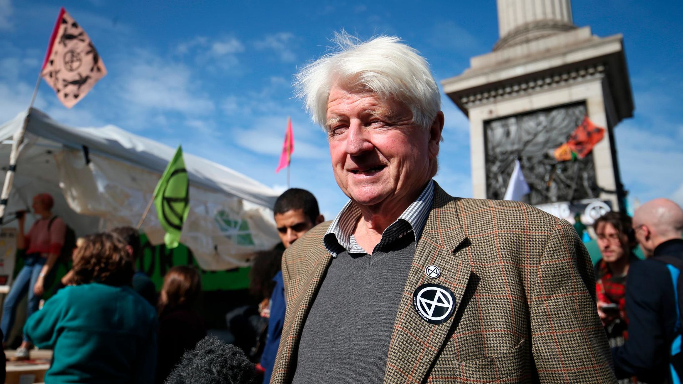 Stanley Johnson, father of British Prime Minister Boris Johnson, joins protesters in London's Trafalgar Square on October 9. Days before, his son described Extinction Rebellion protesters as "hemp-smelling," "uncooperative crusties."