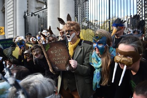 Activists protest outside Dublin's Government Buildings as Ireland's finance minister unveiled the country's 2020 budget on Tuesday, October 8.