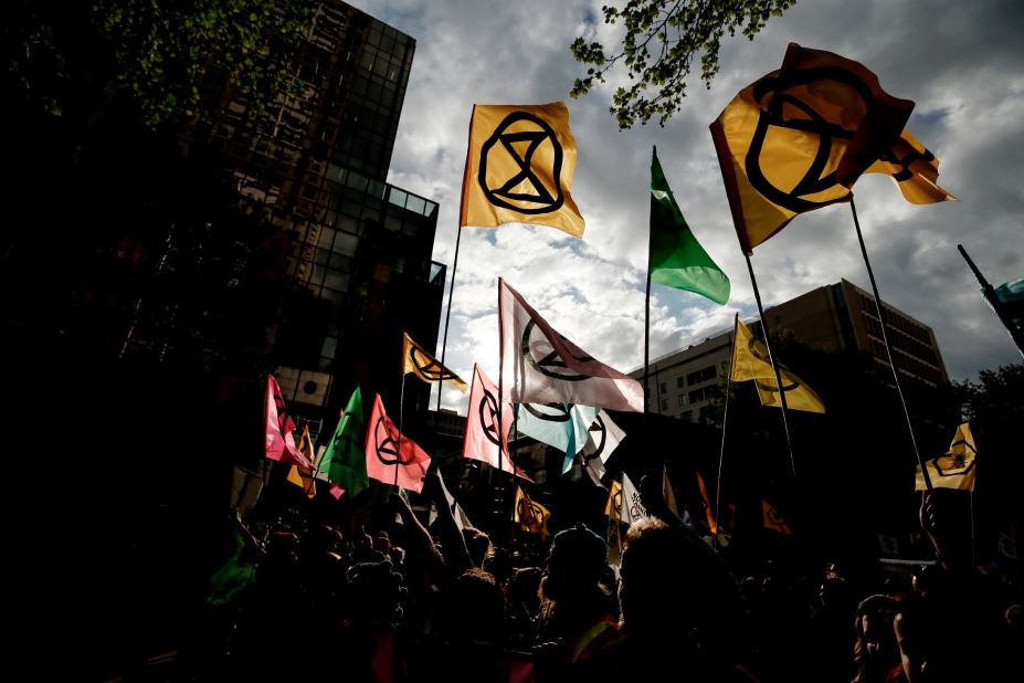 Extinction Rebellion flags fly at a protest in Melbourne.