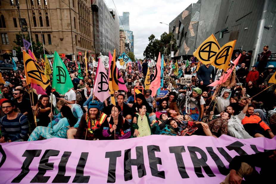 Protesters take part in Extinction Rebellion's global "Week of Action" in Melbourne.