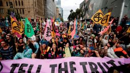 MELBOURNE, AUSTRALIA - OCTOBER 07: Protestors are seen on October 07, 2019 in Melbourne, Australia. The event was organised as part of Extinction Rebellion's global "Week Of Action" in 60 cities across the world to bring attention to climate change and push governments to declare a climate emergency. (Photo by Darrian Traynor/Getty Images)