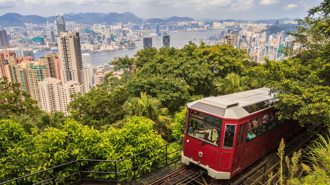 A tram escorts visitors to the top of Victoria Peak.