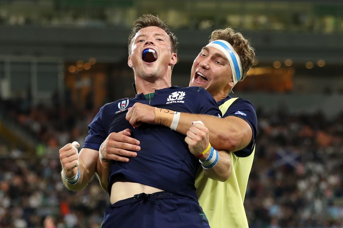 George Horne celebrates scoring Scotland's seventh try.