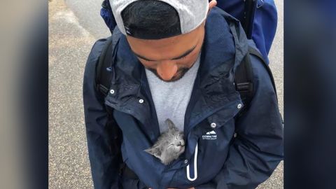 Snyder carried this kitten with him for a day until a friend offered to look after it for him.