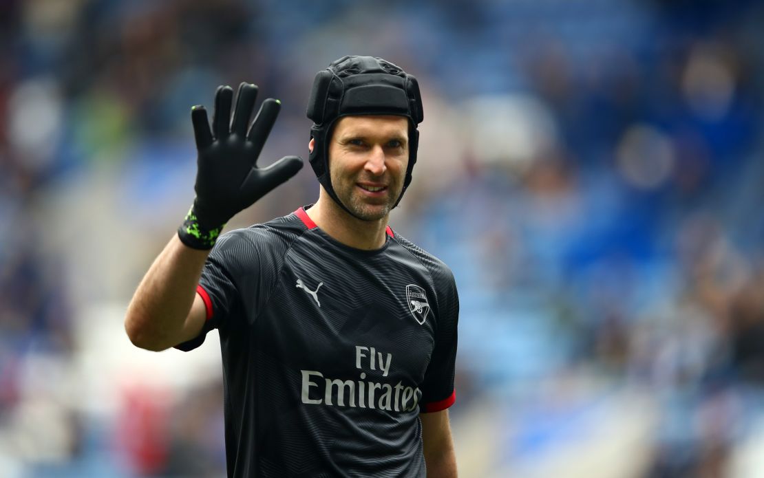 Petr Cech wore a rugby-style scrum-cap after a serious head injury. 