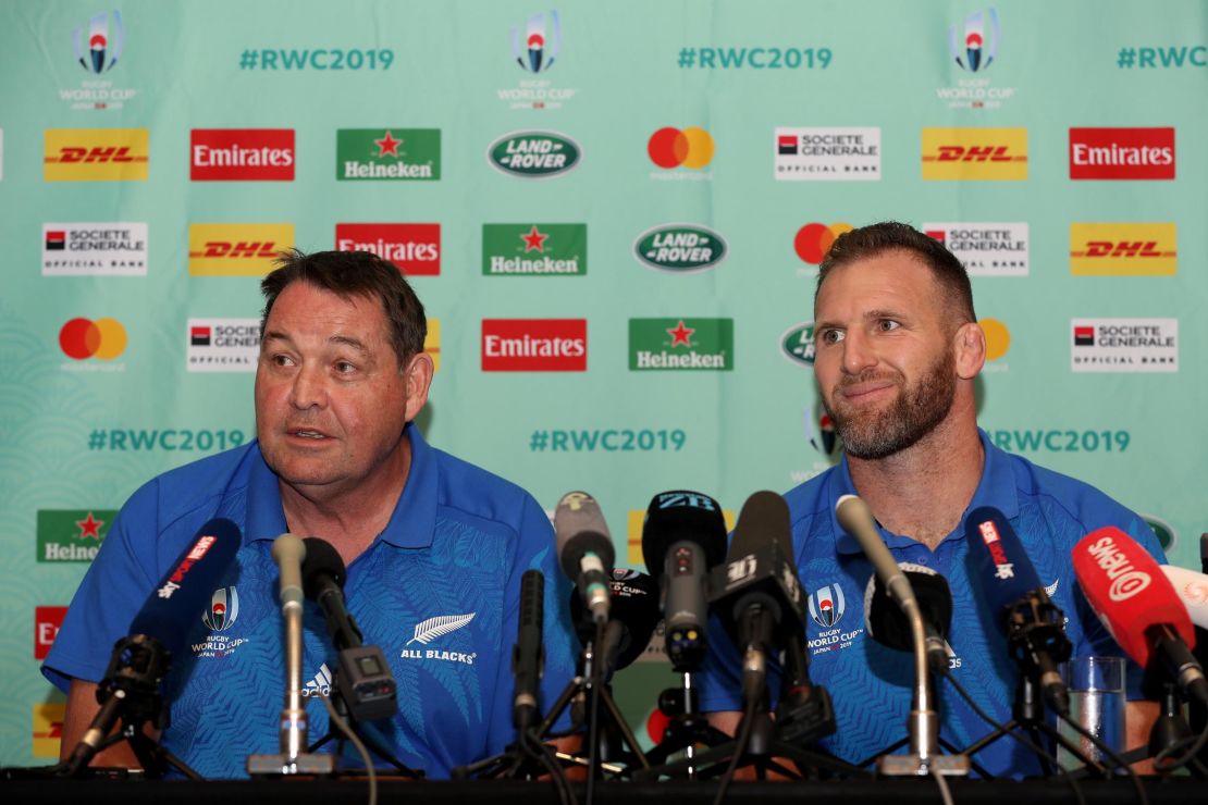 All Blacks coach Steve Hansen and captain Kieran Read speak to the media after the cancellation of their final pool stage match.