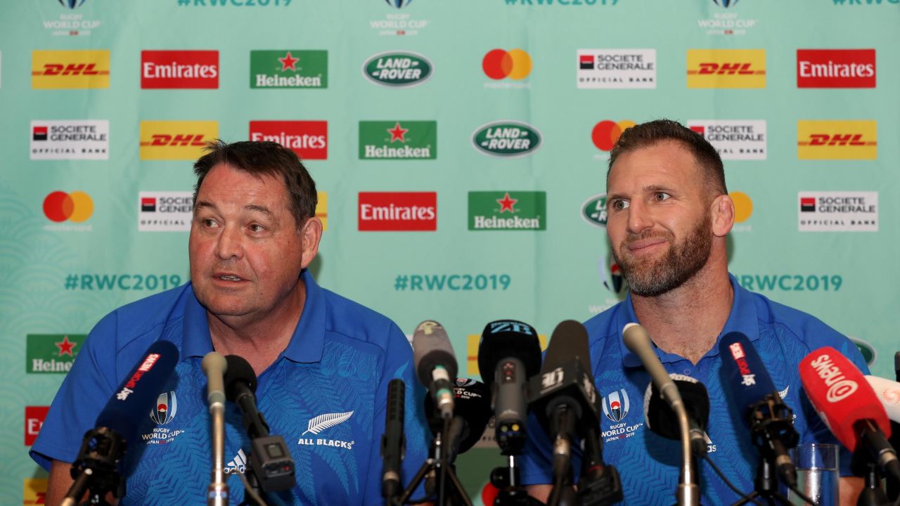 All Blacks coach Steve Hansen and captain Kieran Read speak to the media after the cancellation of their final pool stage match.