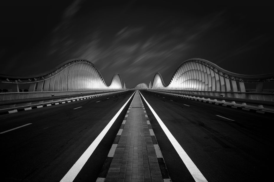 The unique wavy architecture of the Meydan Bridge, which can be illuminated at night. 