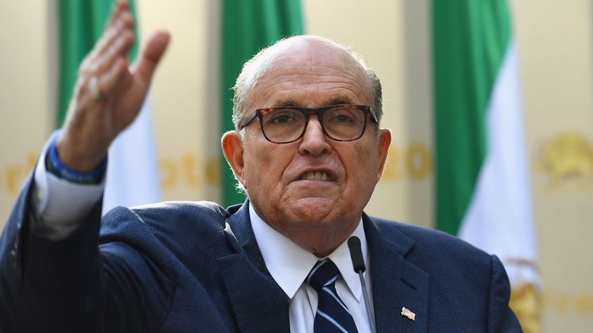 Rudy Giuliani, Former Mayor of New York City speaks to the Organization of Iranian American Communities during their march to urge "recognition of the Iranian people's right for regime change," outside the United Nations Headquarters in New York on September 24, 2019. - They urged recognition of the Iranian people's right for regime change and declared their support for the leader of democratic opposition, Maryam Rajavi. (Photo by Angela Weiss / AFP)        (Photo credit should read ANGELA WEISS/AFP/Getty Images)