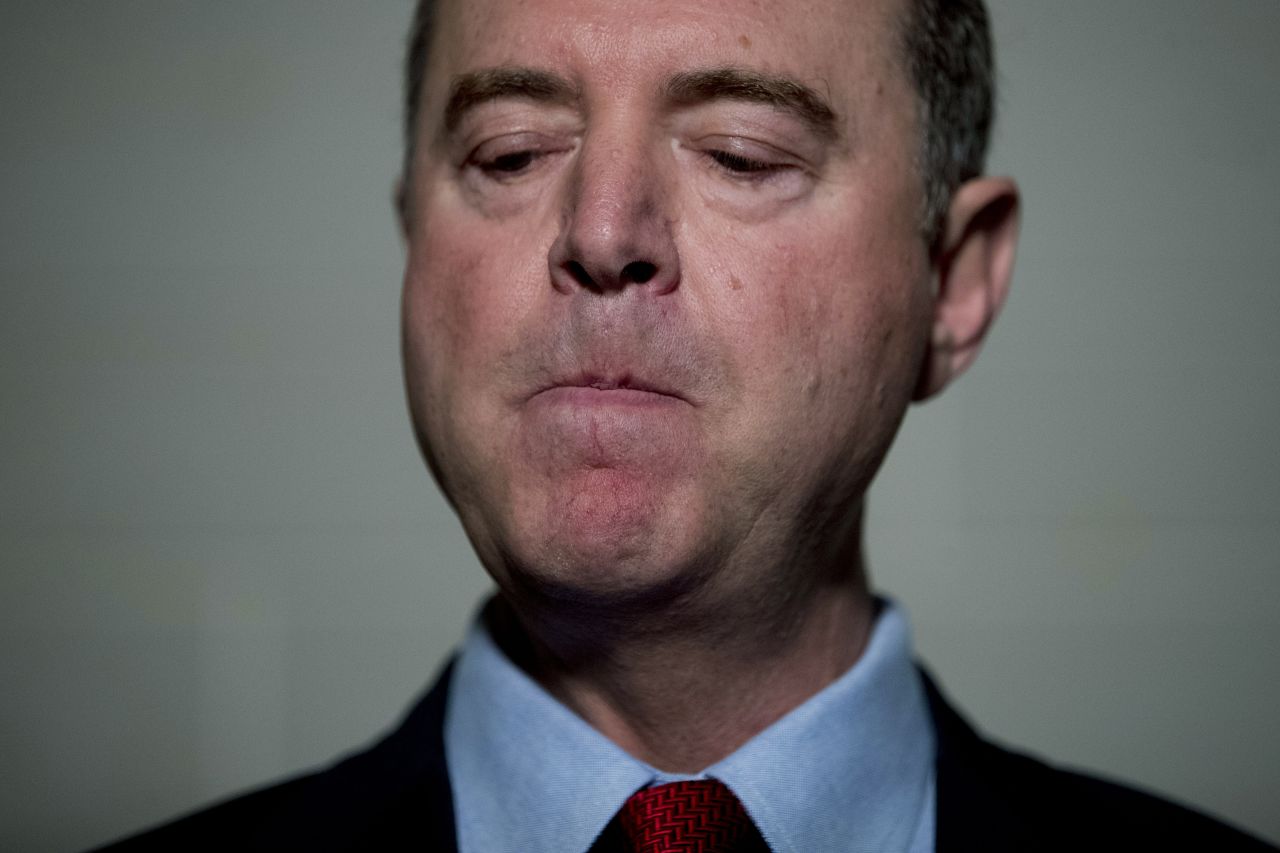 US Rep. Adam Schiff, the chairman of the House Intelligence Committee, pauses while giving a statement to the media on Tuesday, October 8. Earlier in the day, the State Department directed Gordon Sondland, the US ambassador to the European Union, not to testify before Congress. Schiff called that "strong evidence of obstruction" in <a href="http://www.cnn.com/2019/10/03/politics/gallery/trump-impeachment-inquiry/index.html" target="_blank">the Donald Trump impeachment inquiry,</a> and it prompted House Democrats <a href="https://www.cnn.com/2019/10/08/politics/gordon-sondland-house-impeachment/index.html" target="_blank">to issue a subpoena for Sondland's testimony.</a>
