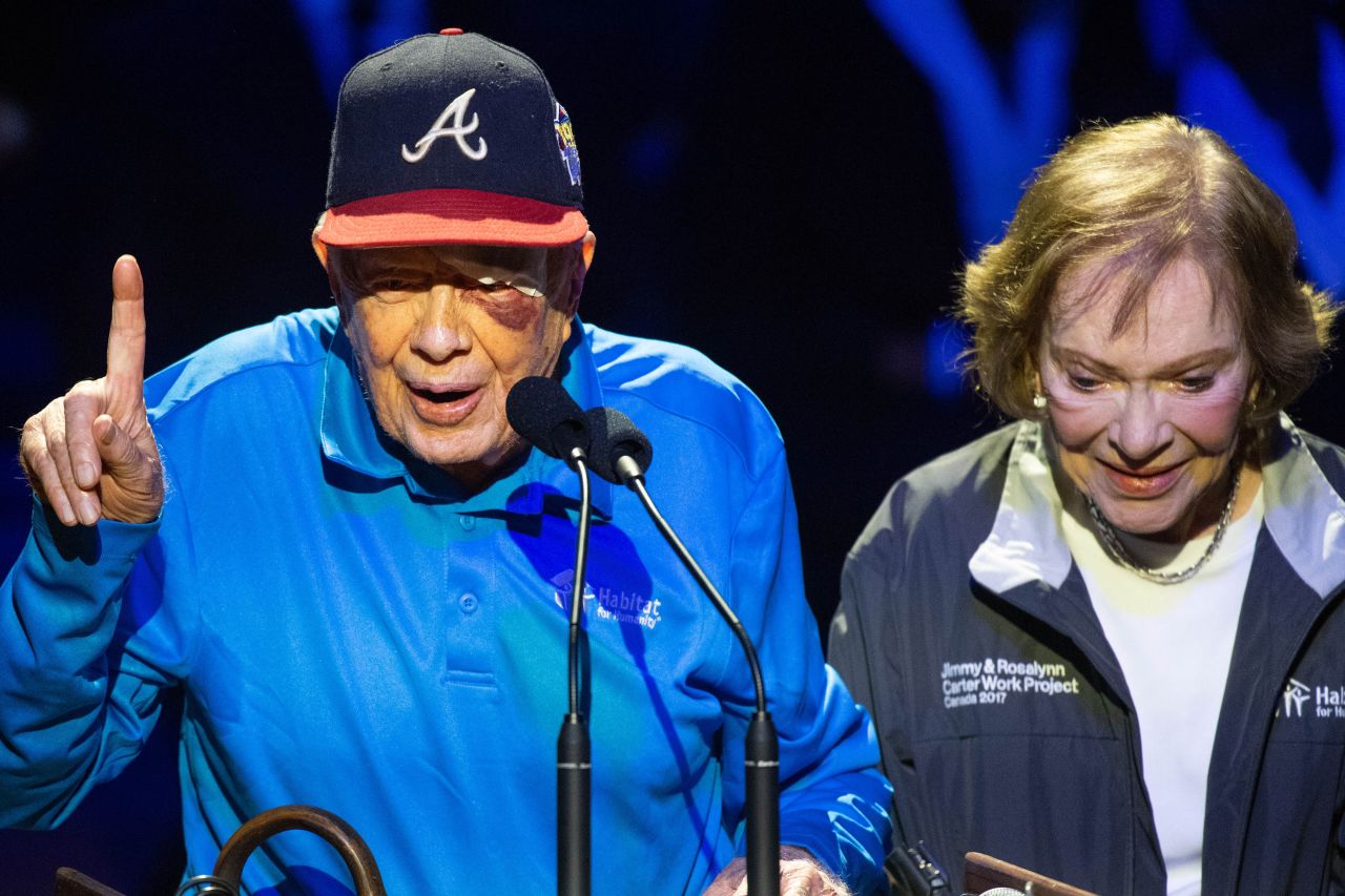 <a href="http://www.cnn.com/2014/09/30/politics/gallery/jimmy-carter/index.html" target="_blank">Former US President Jimmy Carter</a> and his wife, Rosalynn, speak at a Habitat for Humanity event in Nashville, Tennessee, on Sunday, October 7. Carter began his address by acknowledging the injuries he suffered just hours earlier <a href="https://www.cnn.com/2019/10/08/us/carter-building-houses-after-stitches-falling-trnd/index.html" target="_blank">from a fall in his home.</a> "I fell down and hit my forehead on a sharp edge and had to go to the hospital," the 95-year-old said. "And they took 14 stitches in my forehead and my eye is black, as you've noticed. But I had a No. 1 priority and that was to come to Nashville and build houses."