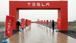 Banners line a road leading to an event at the site of the Tesla Inc. manufacturing facility in Shanghai, China, on Monday, Jan. 7, 2019.