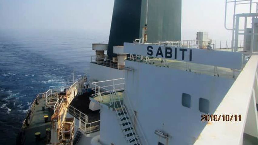 This photo released by the official news agency of the Iranian Oil Ministry, SHANA, shows Iranian oil tanker Sabiti traveling through the Red Sea Friday, Oct. 11, 2019. Two missiles struck the Iranian tanker Sabiti traveling through the Red Sea off the coast of Saudi Arabia on Friday, Iranian officials said, the latest incident in the region amid months of heightened tensions between Tehran and the U.S. (SHANA via AP)