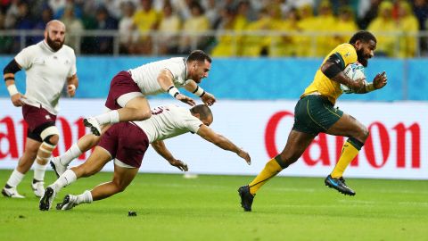 Marika Koroibete of Australia breaks through to score his side's second try during the Rugby World Cup 2019 Group D game between Australia and Georgia. 