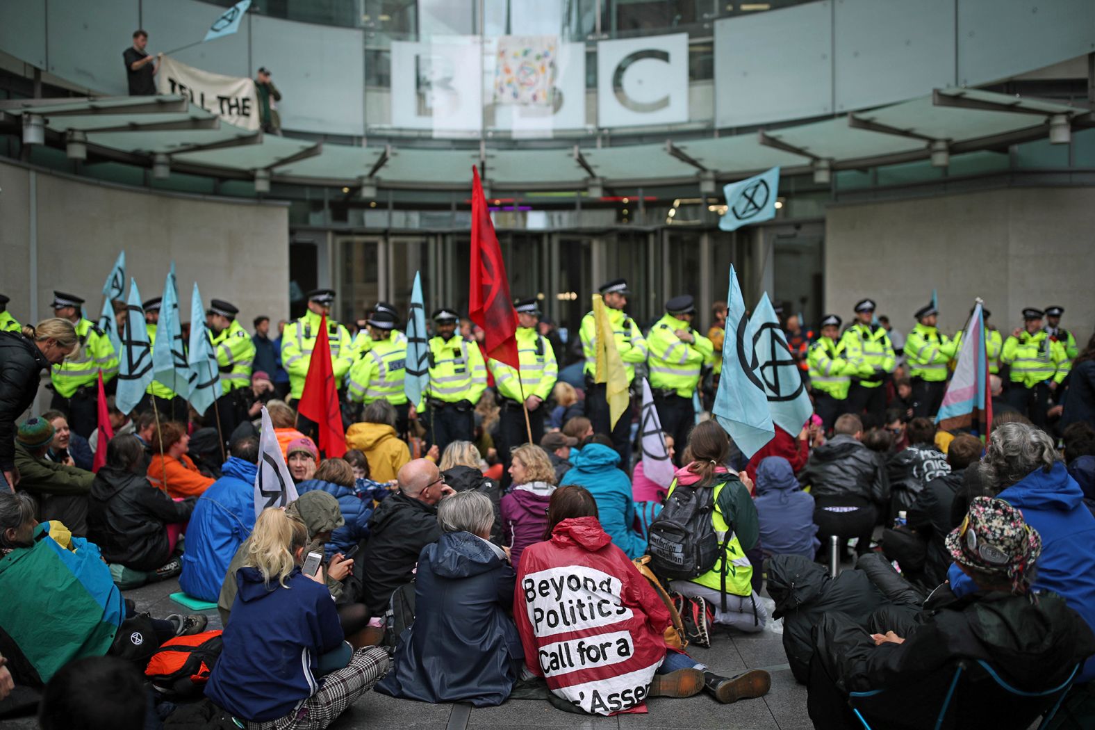 Police block the entrance to the BBC New Broadcasting House in London during an Extinction Rebellion protest on October 11.