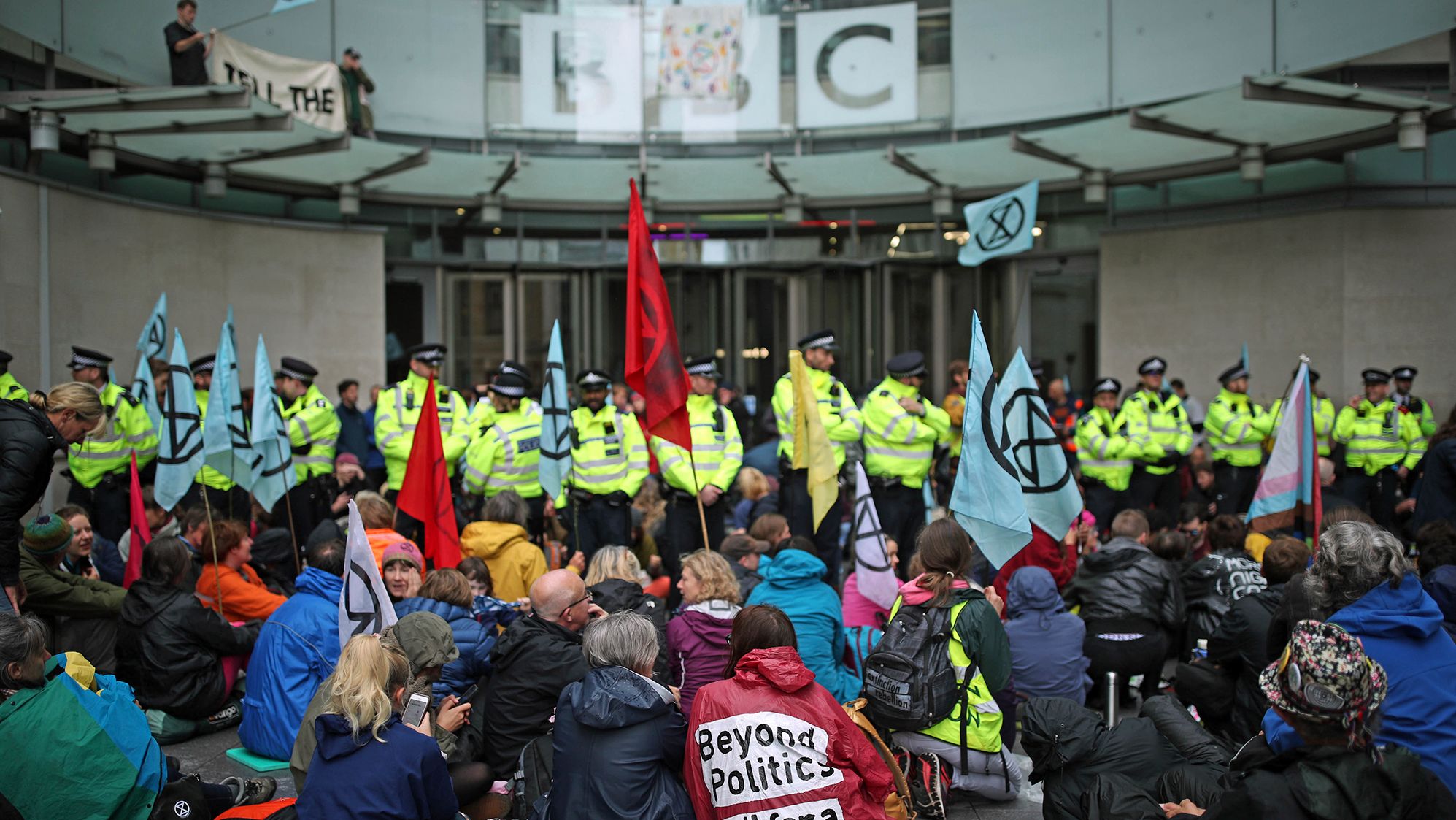 Police block the entrance to the BBC New Broadcasting House in London during an Extinction Rebellion protest on October 11.